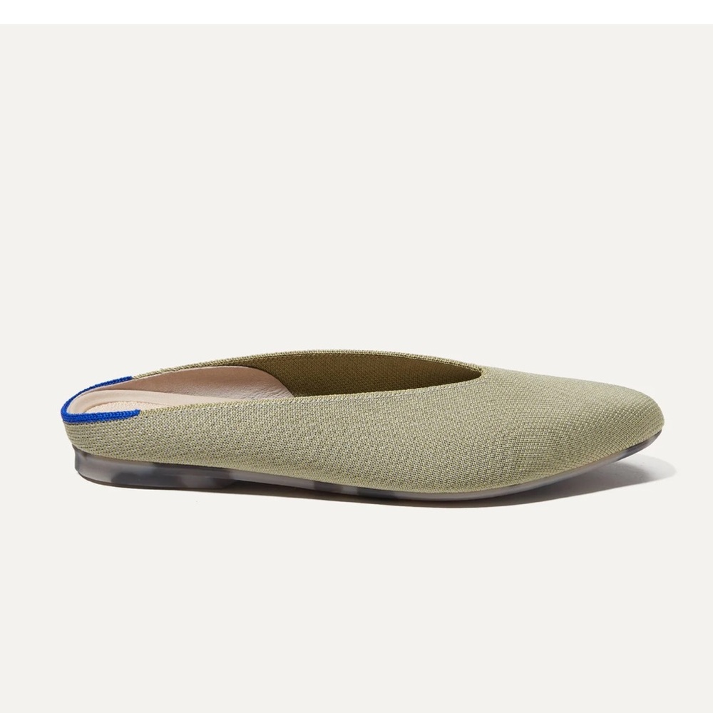 Rothy's Olive Green Pointed Slip-On Flats with Blue Heel Accent - Picture 6 of 13